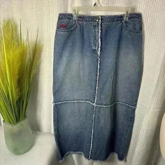 Vintage Y2K Ralph Lauren Partchwork Denim Maxi Skirt Zip Button Closure Size 14 - Picture 1 of 15